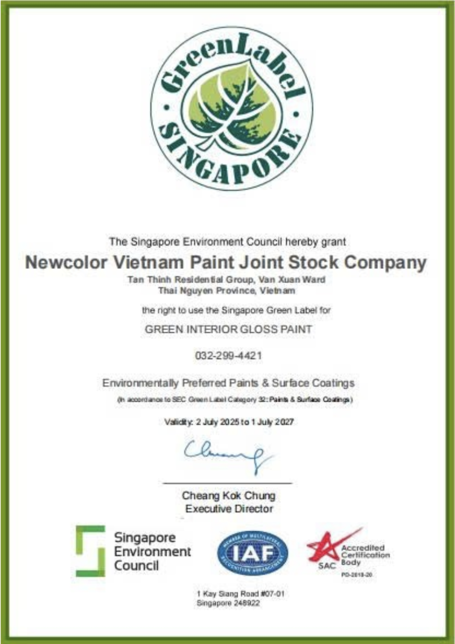 Chứng nhận nhãn xanh Singapore của Newcolor cho sản phẩm sơn bóng nội thất của Newcolor